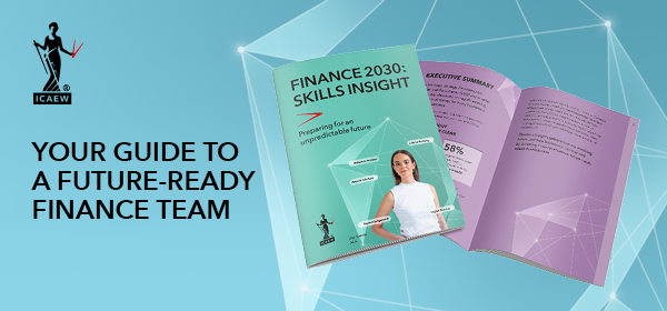 A Finance 2030 skills insight booklet on a blue background. Text reads: Your guide to a future-ready finance team